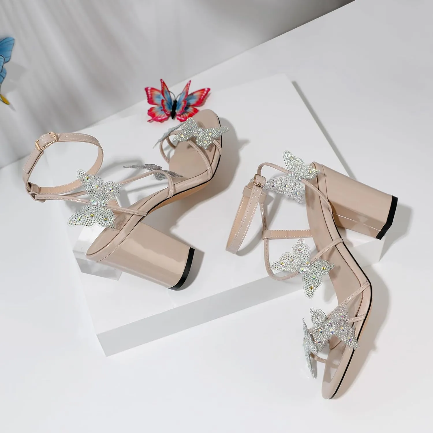 Joseywade Butterfly Heels Heeled Sandals Rhinestone Crystal Butterflies Heels Open Toe Chunky Block High Heels 3.5 Inch Women's Shoes