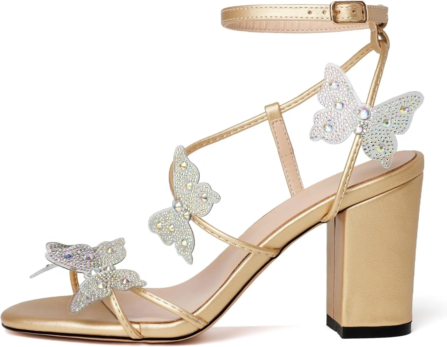 Joseywade Butterfly Heels Heeled Sandals Rhinestone Crystal Butterflies Heels Open Toe Chunky Block High Heels 3.5 Inch Women's Shoes