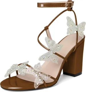 Joseywade Butterfly Heels Heeled Sandals Rhinestone Crystal Butterflies Heels Open Toe Chunky Block High Heels 3.5 Inch Women's Shoes