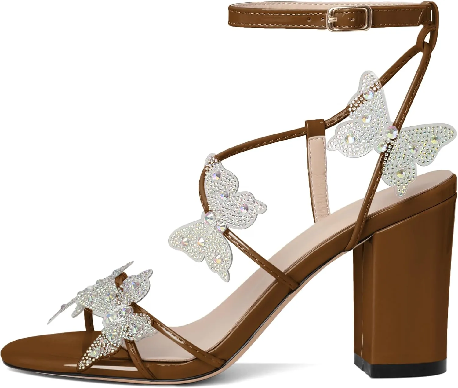 Joseywade Butterfly Heels Heeled Sandals Rhinestone Crystal Butterflies Heels Open Toe Chunky Block High Heels 3.5 Inch Women's Shoes
