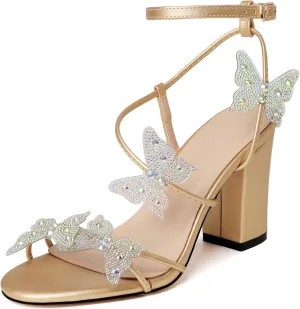Joseywade Butterfly Heels Heeled Sandals Rhinestone Crystal Butterflies Heels Open Toe Chunky Block High Heels 3.5 Inch Women's Shoes