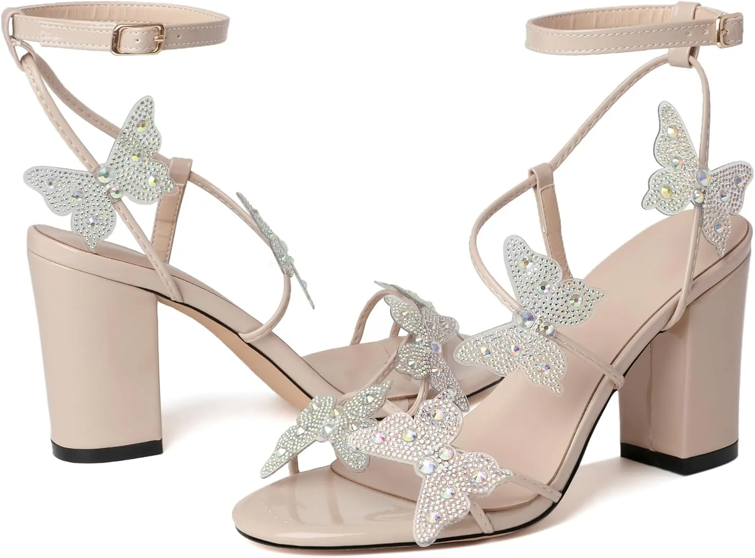 Joseywade Butterfly Heels Heeled Sandals Rhinestone Crystal Butterflies Heels Open Toe Chunky Block High Heels 3.5 Inch Women's Shoes