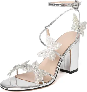 Joseywade Butterfly Heels Heeled Sandals Rhinestone Crystal Butterflies Heels Open Toe Chunky Block High Heels 3.5 Inch Women's Shoes