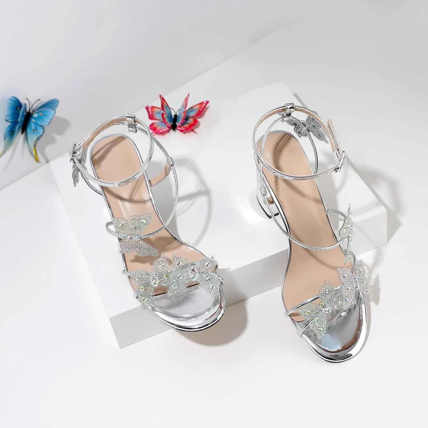 Joseywade Butterfly Heels Heeled Sandals Rhinestone Crystal Butterflies Heels Open Toe Chunky Block High Heels 3.5 Inch Women's Shoes