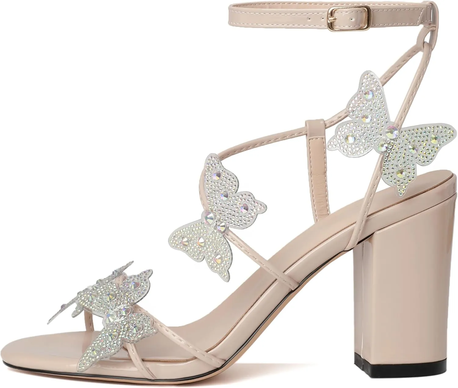 Joseywade Butterfly Heels Heeled Sandals Rhinestone Crystal Butterflies Heels Open Toe Chunky Block High Heels 3.5 Inch Women's Shoes