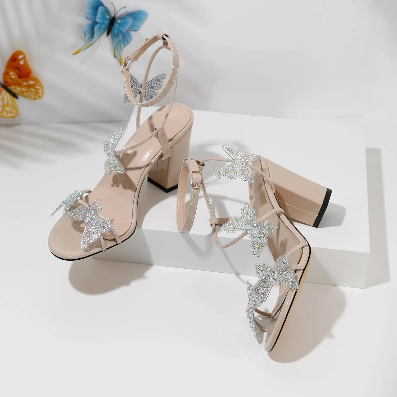 Joseywade Butterfly Heels Heeled Sandals Rhinestone Crystal Butterflies Heels Open Toe Chunky Block High Heels 3.5 Inch Women's Shoes