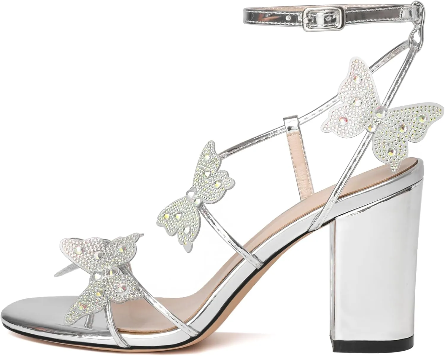 Joseywade Butterfly Heels Heeled Sandals Rhinestone Crystal Butterflies Heels Open Toe Chunky Block High Heels 3.5 Inch Women's Shoes