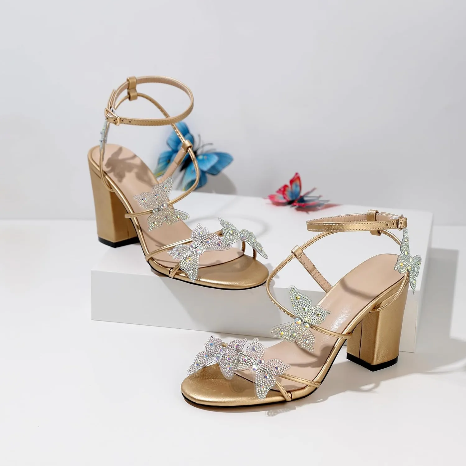 Joseywade Butterfly Heels Heeled Sandals Rhinestone Crystal Butterflies Heels Open Toe Chunky Block High Heels 3.5 Inch Women's Shoes