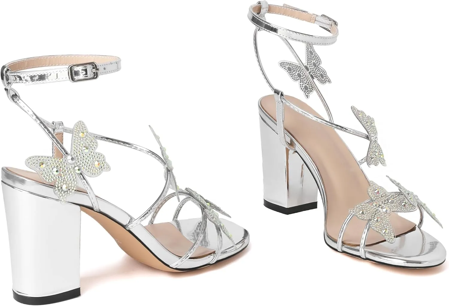 Joseywade Butterfly Heels Heeled Sandals Rhinestone Crystal Butterflies Heels Open Toe Chunky Block High Heels 3.5 Inch Women's Shoes