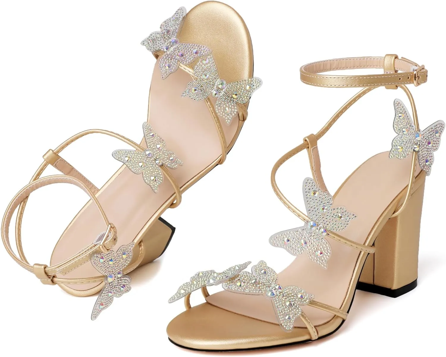 Joseywade Butterfly Heels Heeled Sandals Rhinestone Crystal Butterflies Heels Open Toe Chunky Block High Heels 3.5 Inch Women's Shoes