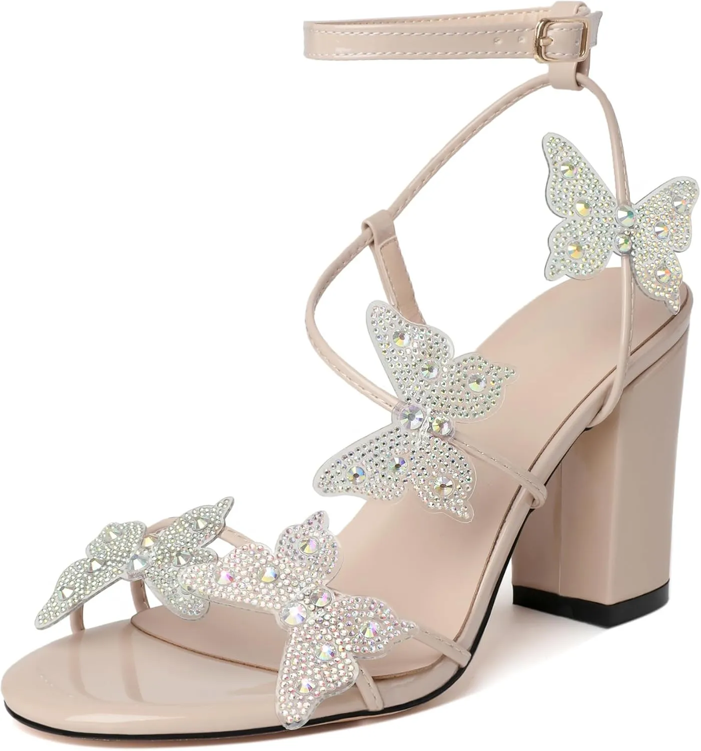 Joseywade Butterfly Heels Heeled Sandals Rhinestone Crystal Butterflies Heels Open Toe Chunky Block High Heels 3.5 Inch Women's Shoes