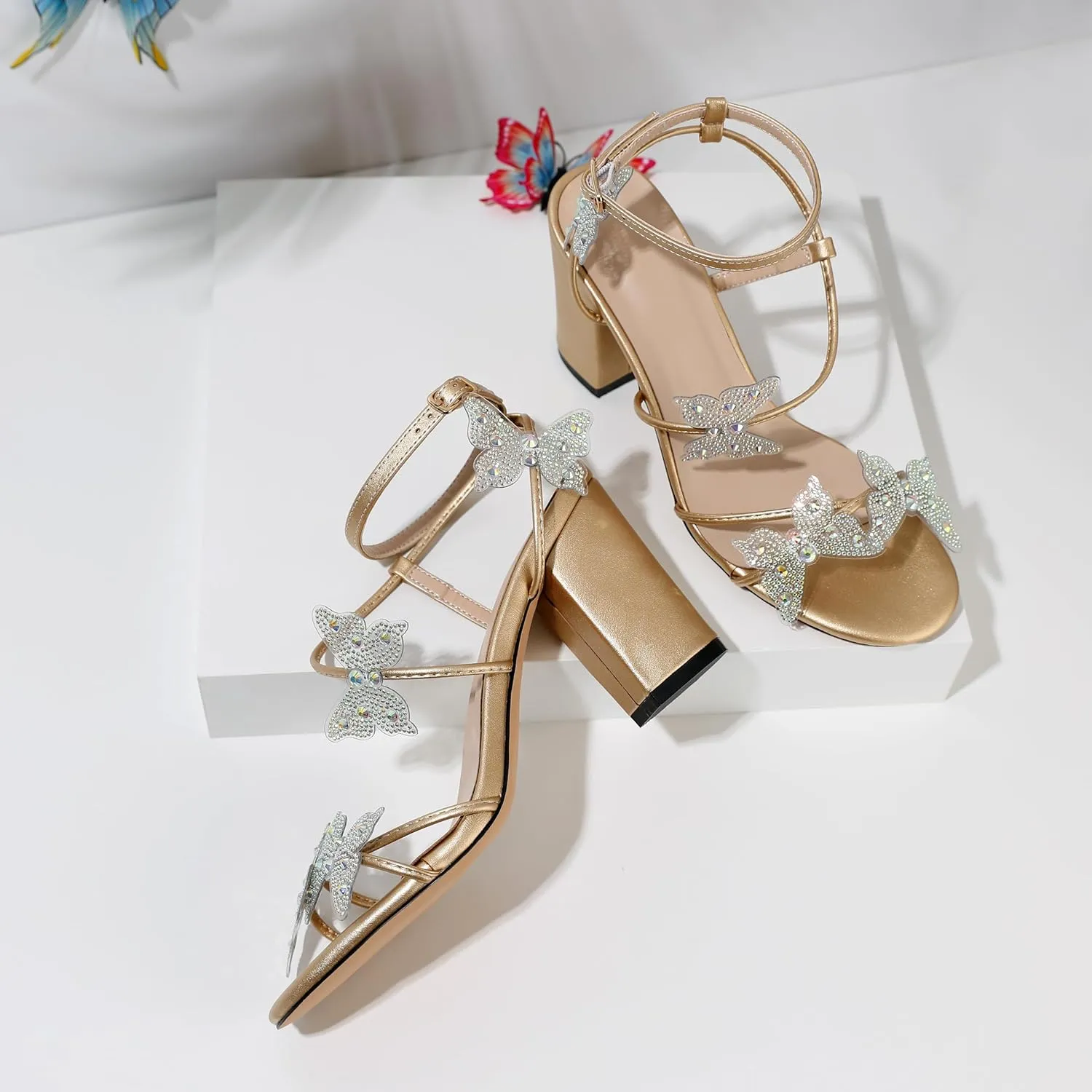 Joseywade Butterfly Heels Heeled Sandals Rhinestone Crystal Butterflies Heels Open Toe Chunky Block High Heels 3.5 Inch Women's Shoes