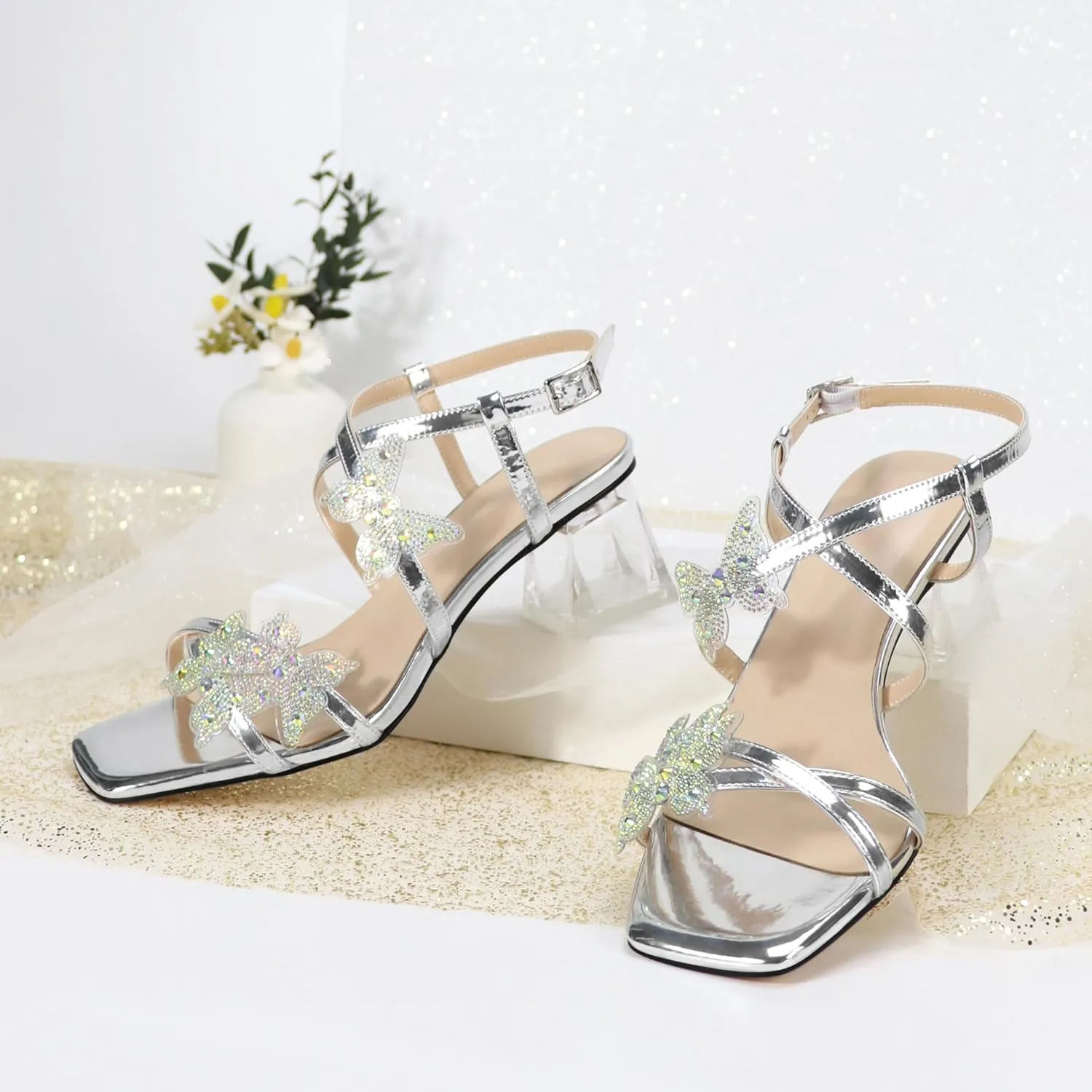 Joseywade Butterfly Heels Heeled Sandals Rhinestone Crystal Butterflies Heels Open Toe Clear low Block Heels 2 Inch Women's Ankle Strap Shoes