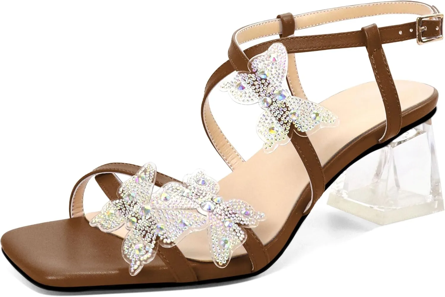 Joseywade Butterfly Heels Heeled Sandals Rhinestone Crystal Butterflies Heels Open Toe Clear low Block Heels 2 Inch Women's Ankle Strap Shoes