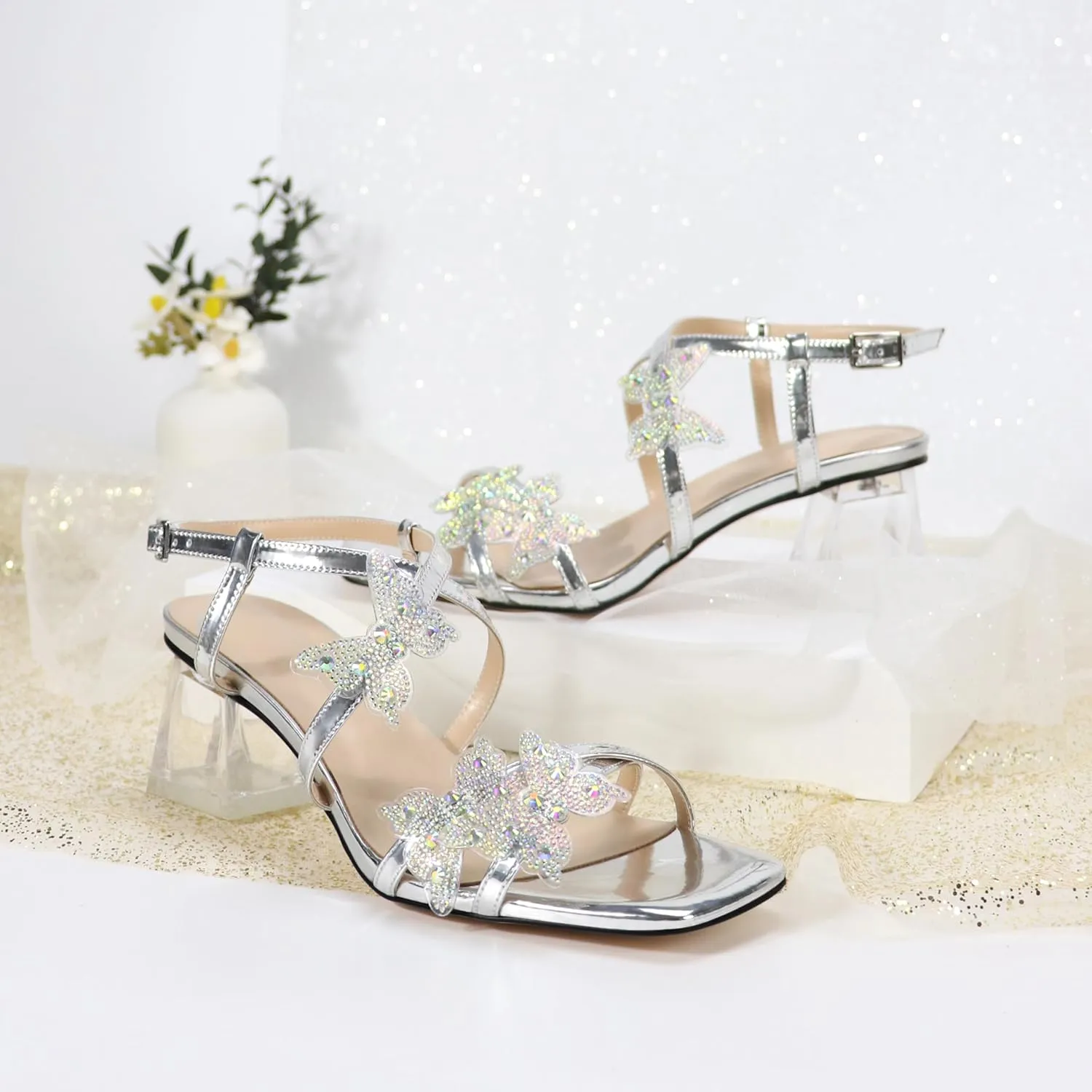 Joseywade Butterfly Heels Heeled Sandals Rhinestone Crystal Butterflies Heels Open Toe Clear low Block Heels 2 Inch Women's Ankle Strap Shoes
