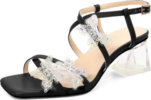 Joseywade Butterfly Heels Heeled Sandals Rhinestone Crystal Butterflies Heels Open Toe Clear low Block Heels 2 Inch Women's Ankle Strap Shoes