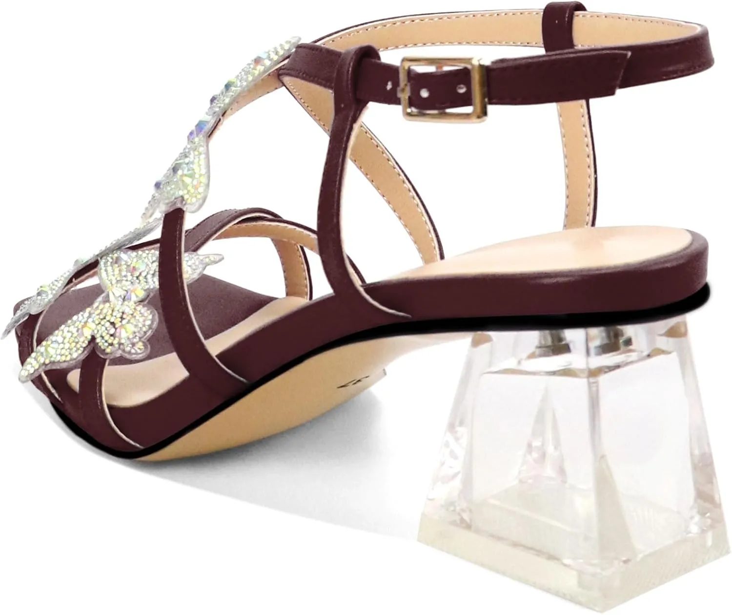 Joseywade Butterfly Heels Heeled Sandals Rhinestone Crystal Butterflies Heels Open Toe Clear low Block Heels 2 Inch Women's Ankle Strap Shoes