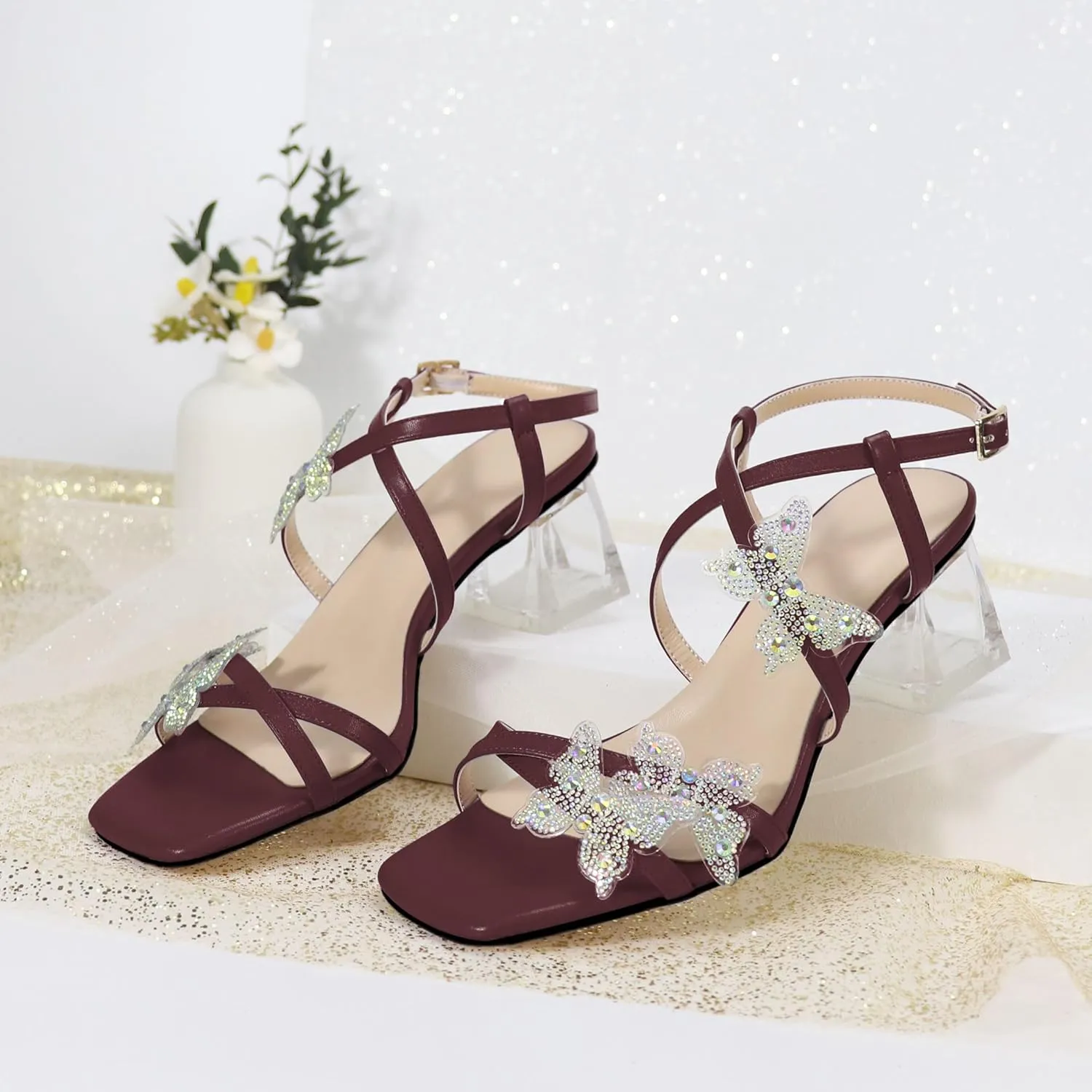 Joseywade Butterfly Heels Heeled Sandals Rhinestone Crystal Butterflies Heels Open Toe Clear low Block Heels 2 Inch Women's Ankle Strap Shoes