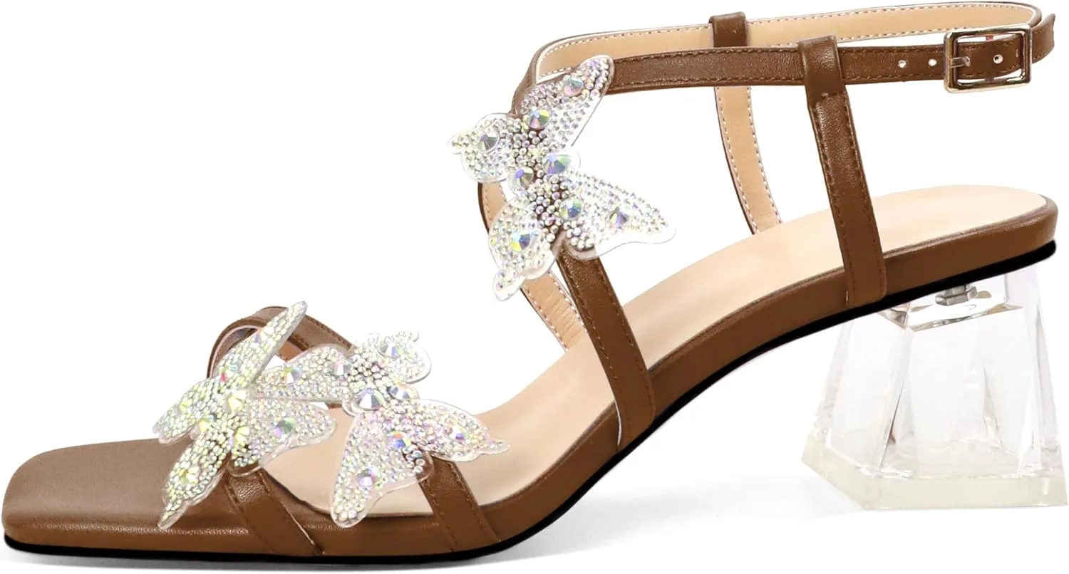 Joseywade Butterfly Heels Heeled Sandals Rhinestone Crystal Butterflies Heels Open Toe Clear low Block Heels 2 Inch Women's Ankle Strap Shoes