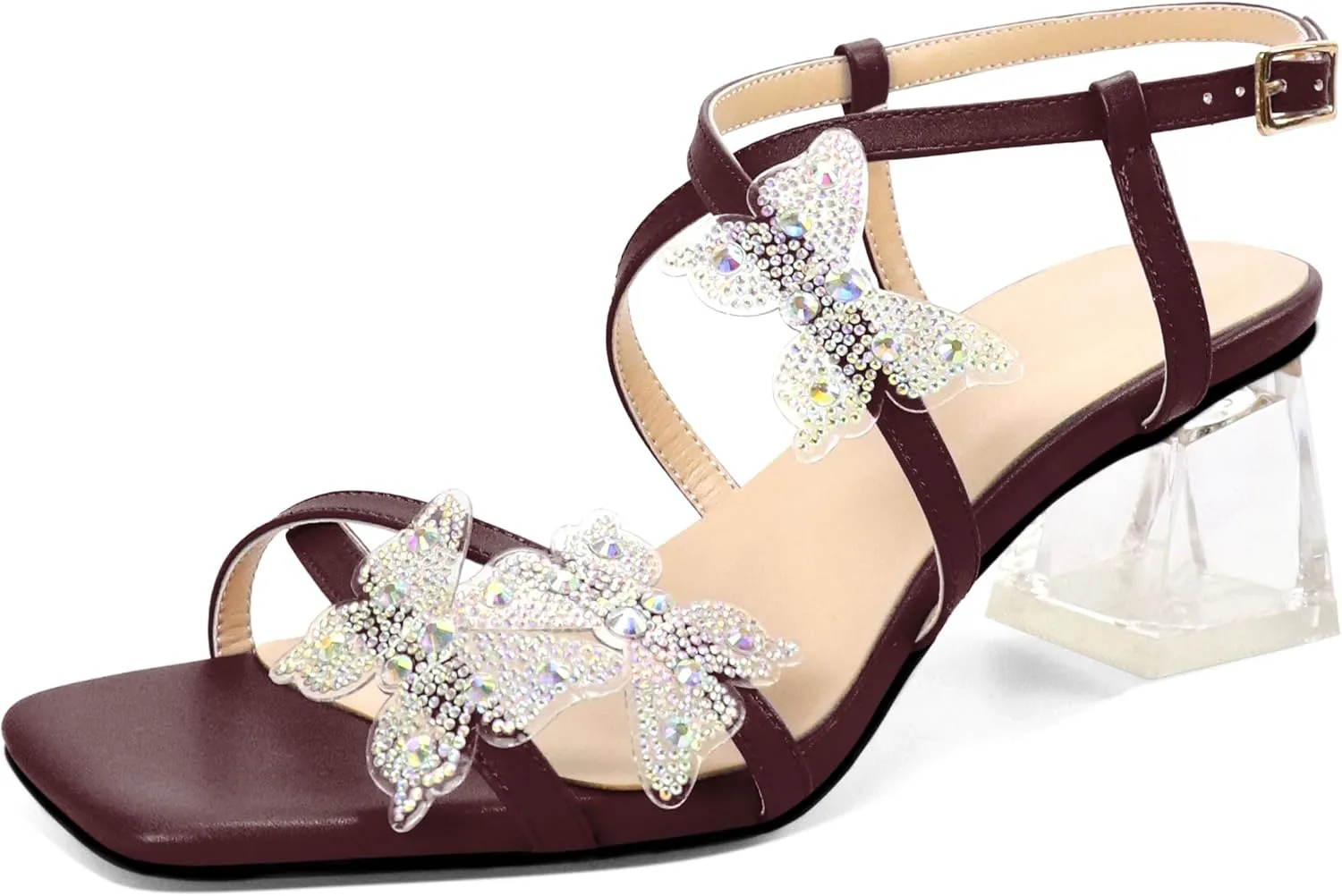 Joseywade Butterfly Heels Heeled Sandals Rhinestone Crystal Butterflies Heels Open Toe Clear low Block Heels 2 Inch Women's Ankle Strap Shoes