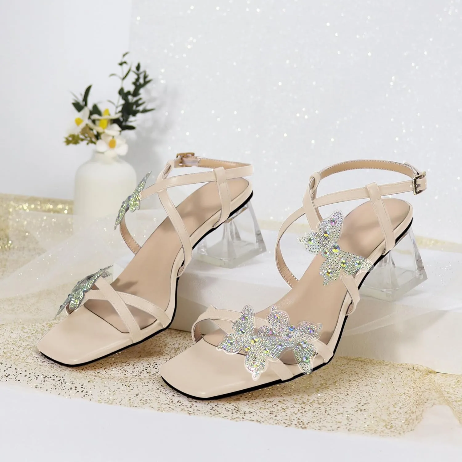 Joseywade Butterfly Heels Heeled Sandals Rhinestone Crystal Butterflies Heels Open Toe Clear low Block Heels 2 Inch Women's Ankle Strap Shoes