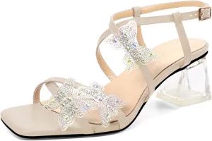 Joseywade Butterfly Heels Heeled Sandals Rhinestone Crystal Butterflies Heels Open Toe Clear low Block Heels 2 Inch Women's Ankle Strap Shoes
