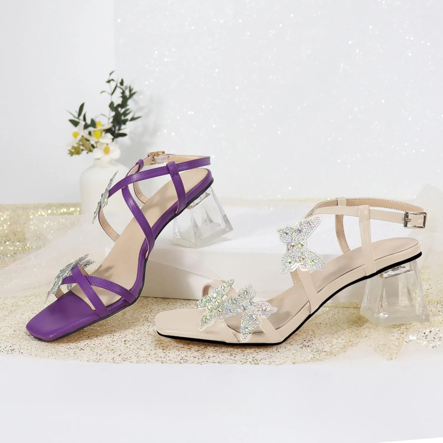 Joseywade Butterfly Heels Heeled Sandals Rhinestone Crystal Butterflies Heels Open Toe Clear low Block Heels 2 Inch Women's Ankle Strap Shoes