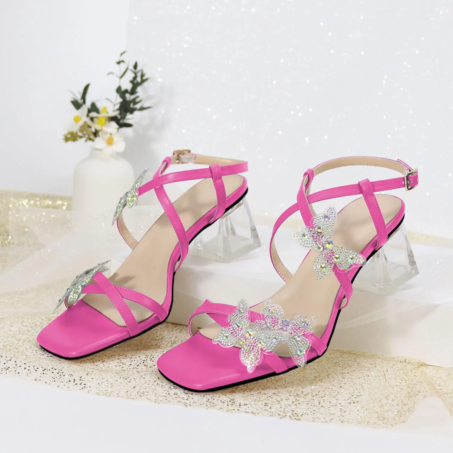 Joseywade Butterfly Heels Heeled Sandals Rhinestone Crystal Butterflies Heels Open Toe Clear low Block Heels 2 Inch Women's Ankle Strap Shoes
