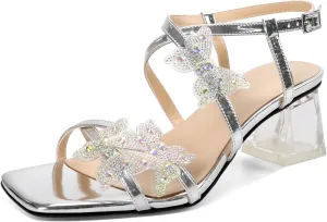 Joseywade Butterfly Heels Heeled Sandals Rhinestone Crystal Butterflies Heels Open Toe Clear low Block Heels 2 Inch Women's Ankle Strap Shoes