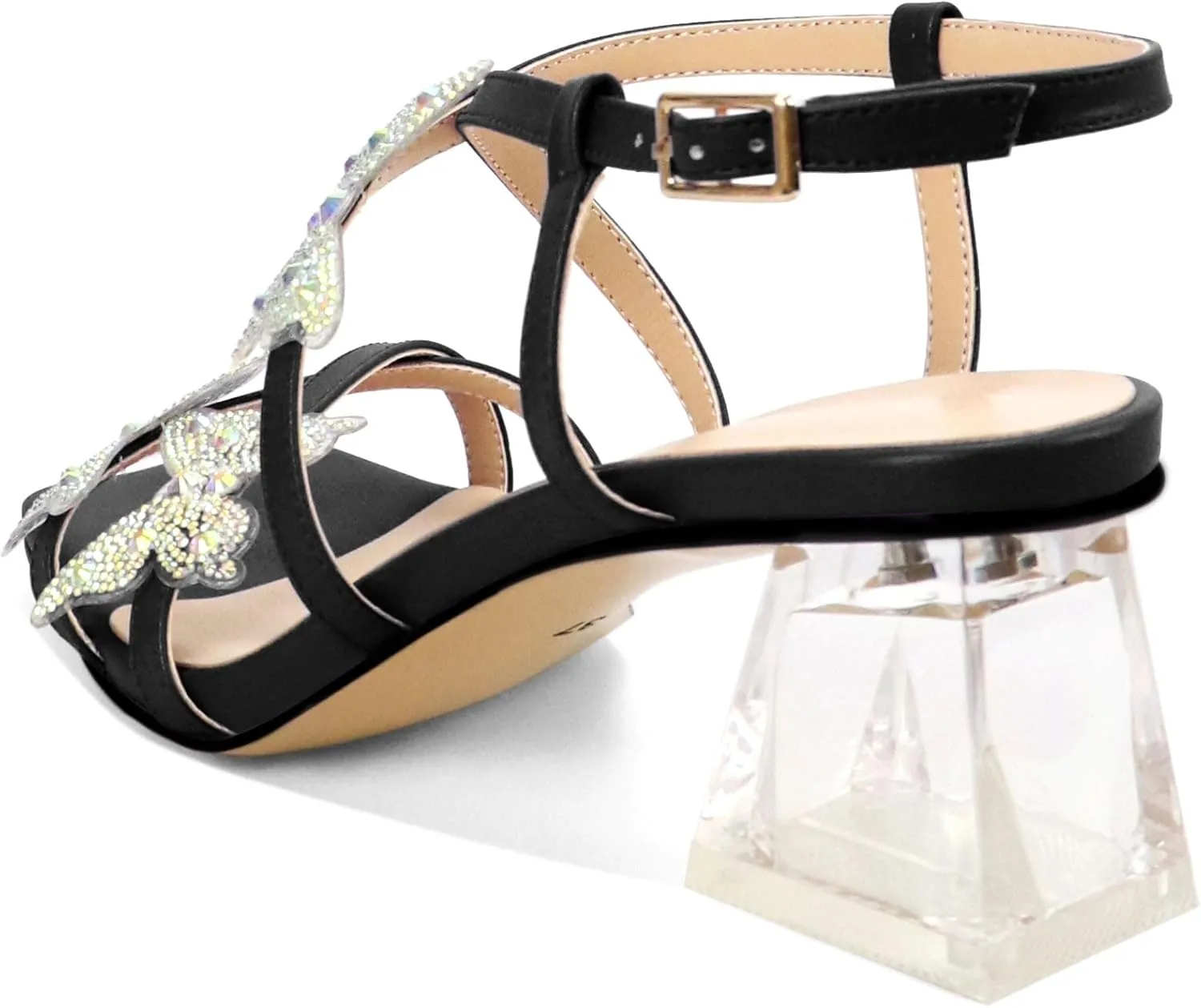 Joseywade Butterfly Heels Heeled Sandals Rhinestone Crystal Butterflies Heels Open Toe Clear low Block Heels 2 Inch Women's Ankle Strap Shoes