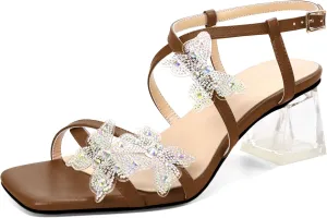 Joseywade Butterfly Heels Heeled Sandals Rhinestone Crystal Butterflies Heels Open Toe Clear low Block Heels 2 Inch Women's Ankle Strap Shoes