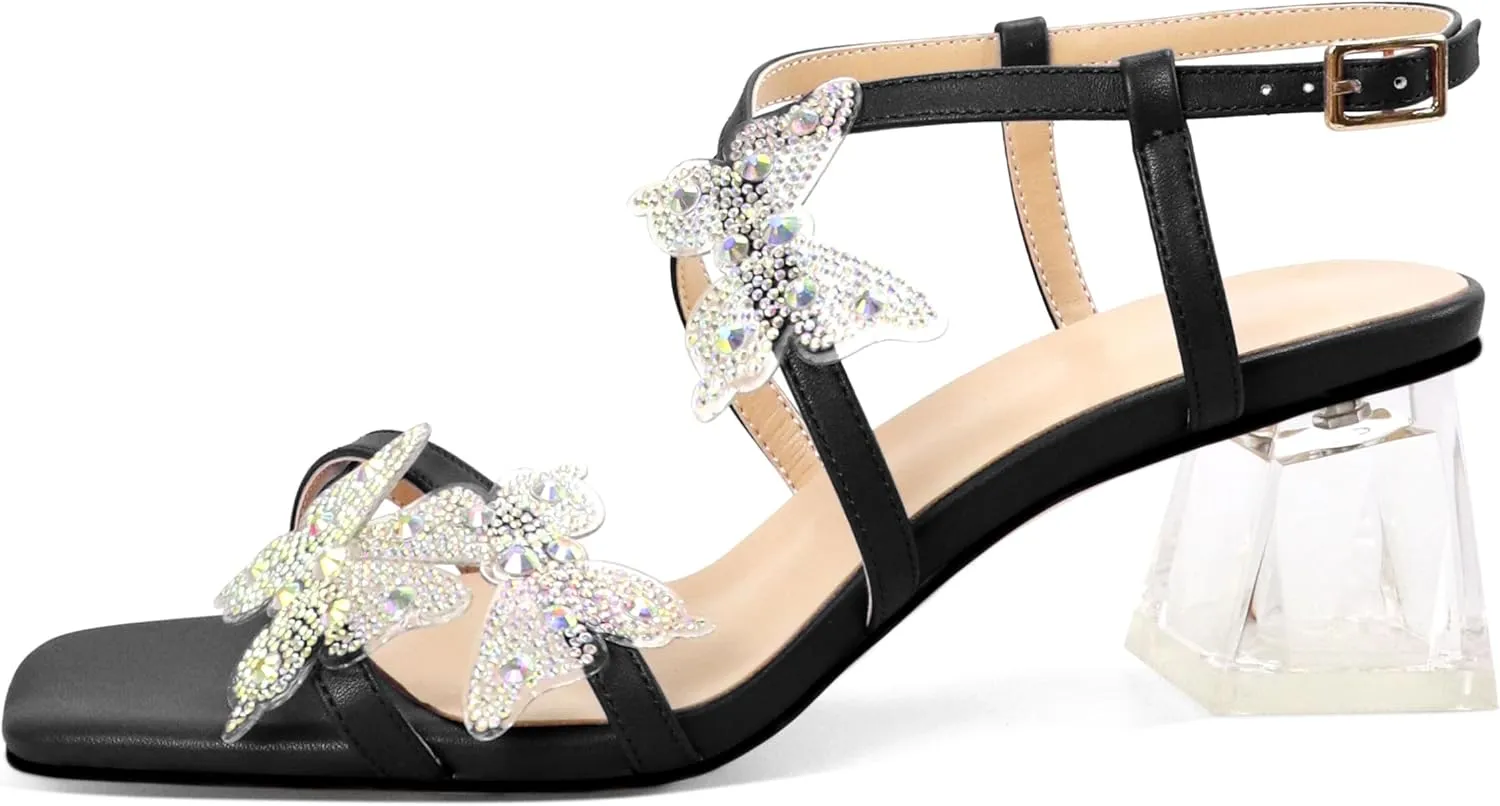 Joseywade Butterfly Heels Heeled Sandals Rhinestone Crystal Butterflies Heels Open Toe Clear low Block Heels 2 Inch Women's Ankle Strap Shoes
