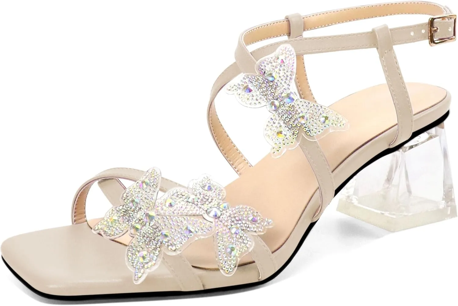 Joseywade Butterfly Heels Heeled Sandals Rhinestone Crystal Butterflies Heels Open Toe Clear low Block Heels 2 Inch Women's Ankle Strap Shoes