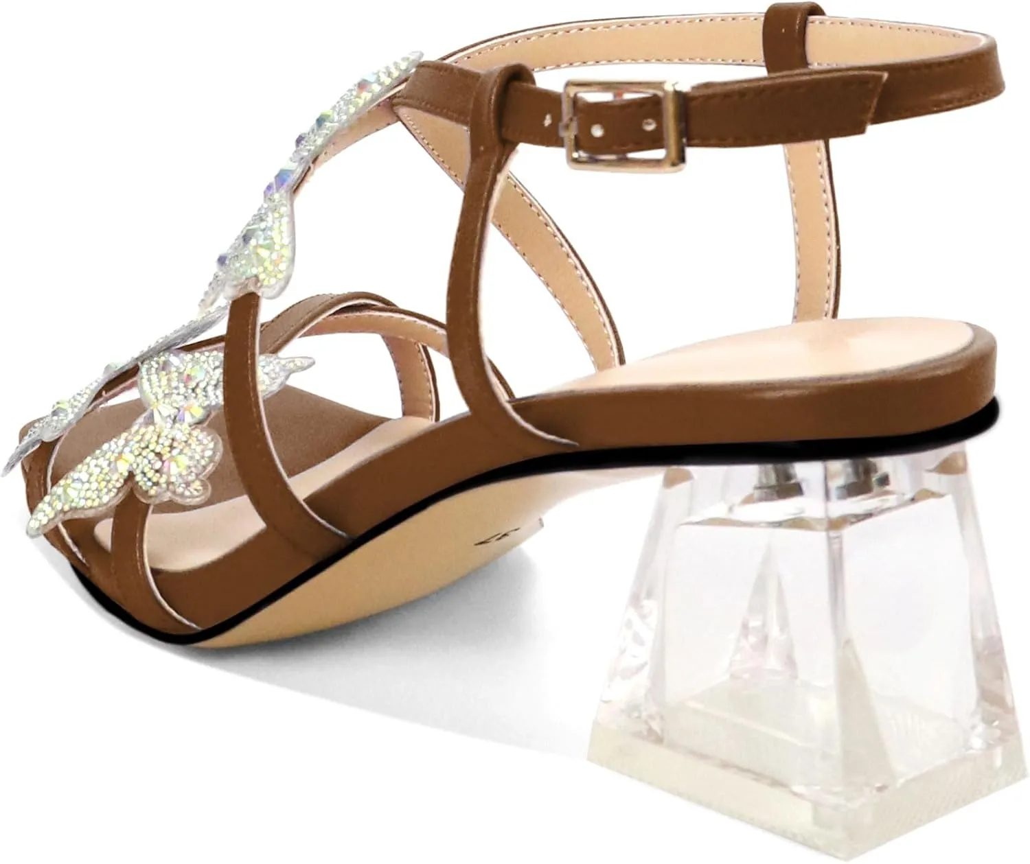 Joseywade Butterfly Heels Heeled Sandals Rhinestone Crystal Butterflies Heels Open Toe Clear low Block Heels 2 Inch Women's Ankle Strap Shoes