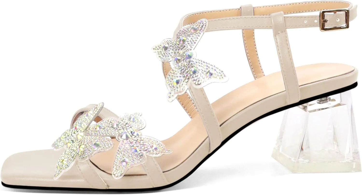 Joseywade Butterfly Heels Heeled Sandals Rhinestone Crystal Butterflies Heels Open Toe Clear low Block Heels 2 Inch Women's Ankle Strap Shoes