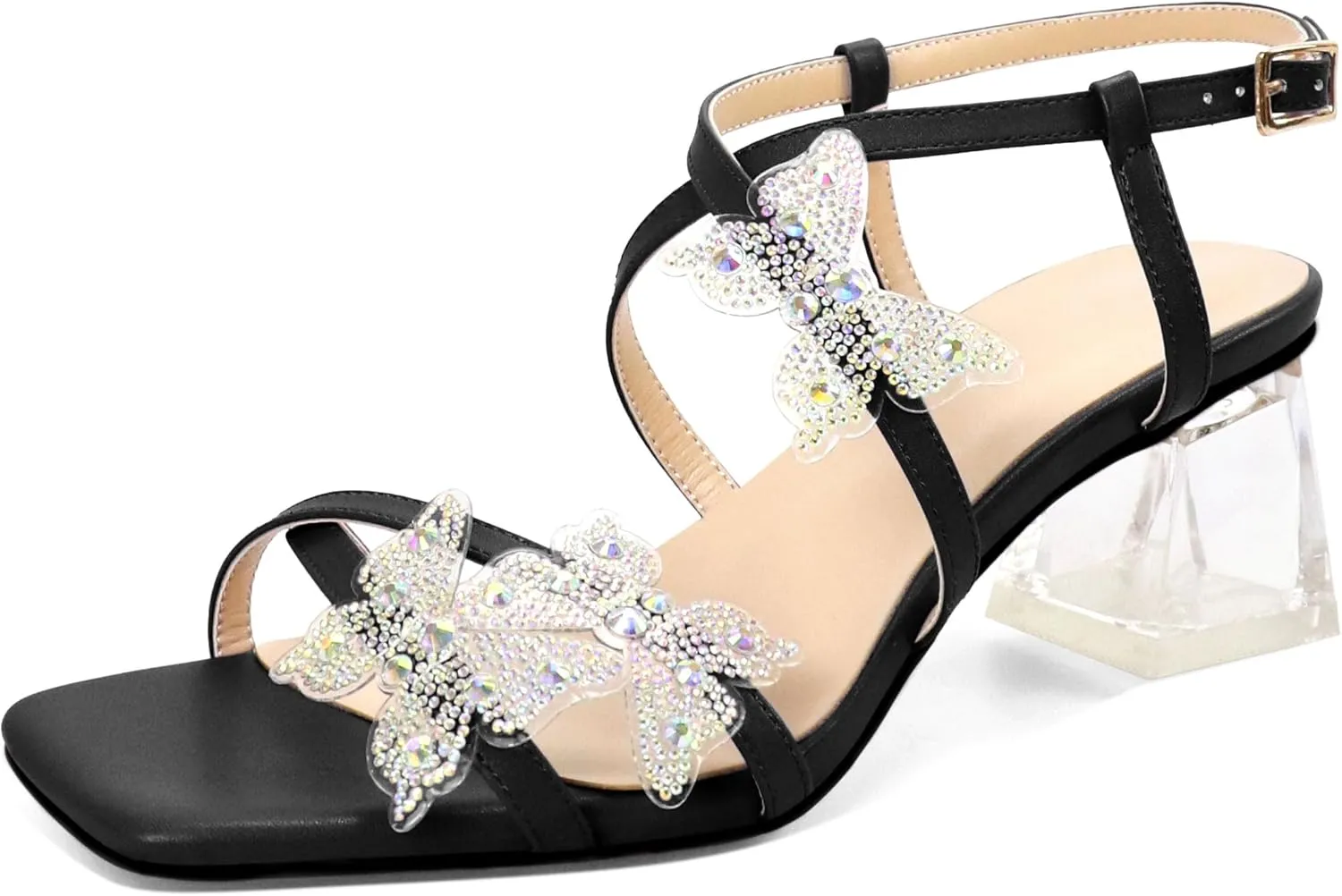 Joseywade Butterfly Heels Heeled Sandals Rhinestone Crystal Butterflies Heels Open Toe Clear low Block Heels 2 Inch Women's Ankle Strap Shoes