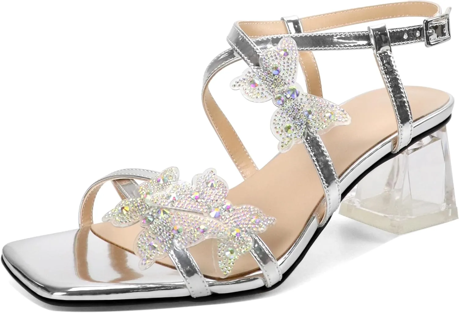 Joseywade Butterfly Heels Heeled Sandals Rhinestone Crystal Butterflies Heels Open Toe Clear low Block Heels 2 Inch Women's Ankle Strap Shoes