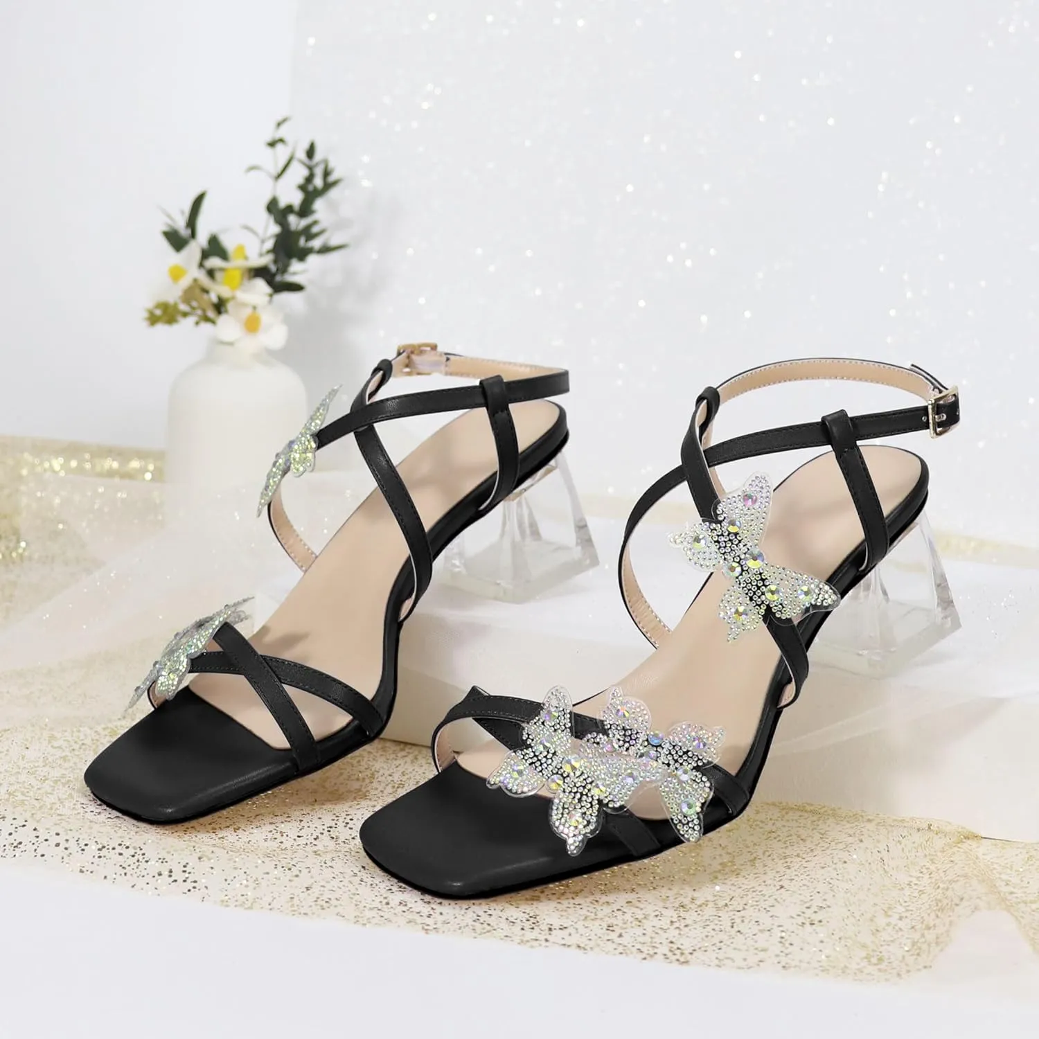 Joseywade Butterfly Heels Heeled Sandals Rhinestone Crystal Butterflies Heels Open Toe Clear low Block Heels 2 Inch Women's Ankle Strap Shoes