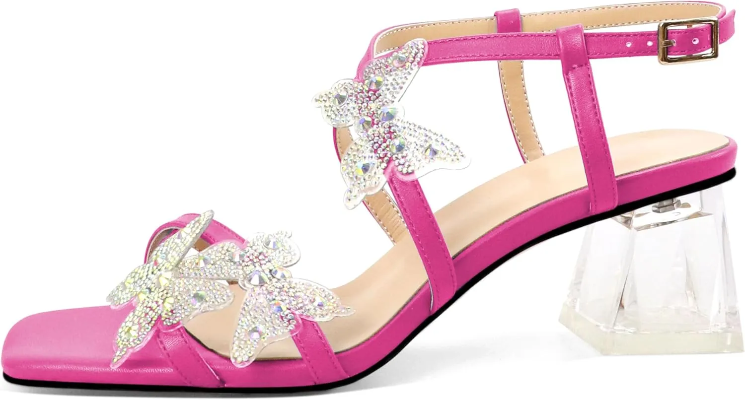 Joseywade Butterfly Heels Heeled Sandals Rhinestone Crystal Butterflies Heels Open Toe Clear low Block Heels 2 Inch Women's Ankle Strap Shoes