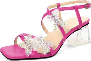 Joseywade Butterfly Heels Heeled Sandals Rhinestone Crystal Butterflies Heels Open Toe Clear low Block Heels 2 Inch Women's Ankle Strap Shoes