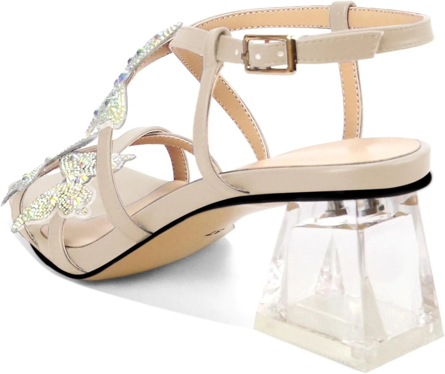 Joseywade Butterfly Heels Heeled Sandals Rhinestone Crystal Butterflies Heels Open Toe Clear low Block Heels 2 Inch Women's Ankle Strap Shoes