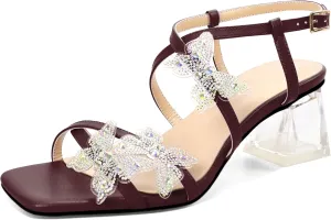 Joseywade Butterfly Heels Heeled Sandals Rhinestone Crystal Butterflies Heels Open Toe Clear low Block Heels 2 Inch Women's Ankle Strap Shoes