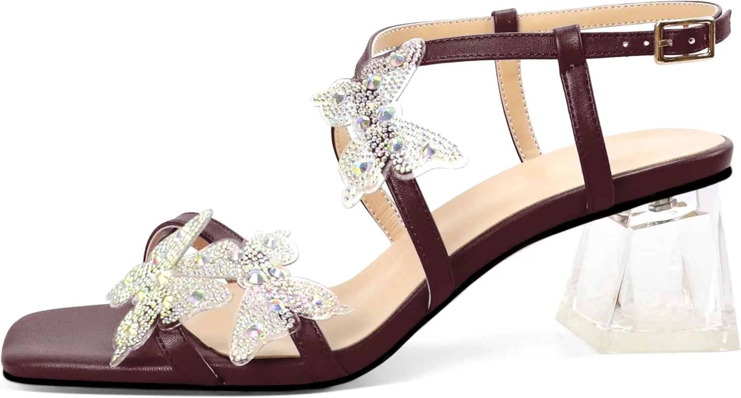 Joseywade Butterfly Heels Heeled Sandals Rhinestone Crystal Butterflies Heels Open Toe Clear low Block Heels 2 Inch Women's Ankle Strap Shoes