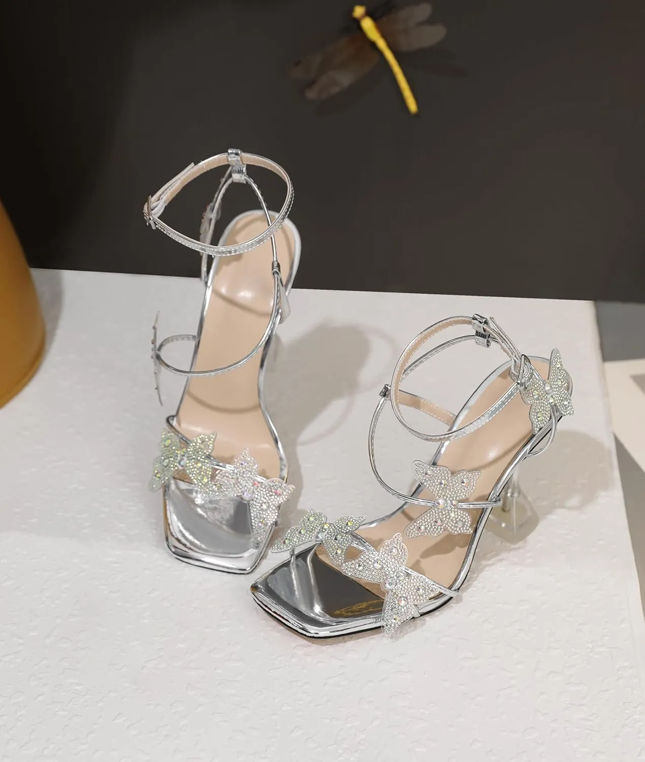 Joseywade Butterfly Heels Heeled Sandals Rhinestone Crystal Butterflies Heels Open Toe Clear Spool High Heels 4 Inch Women's Shoes
