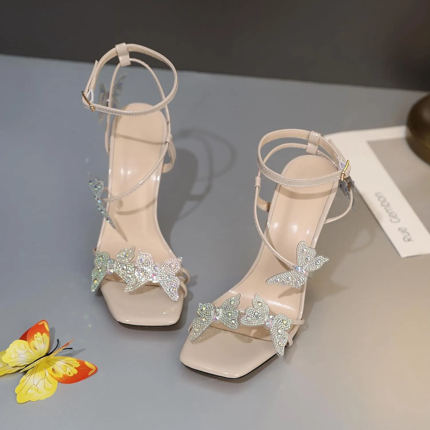 Joseywade Butterfly Heels Heeled Sandals Rhinestone Crystal Butterflies Heels Open Toe Clear Spool High Heels 4 Inch Women's Shoes