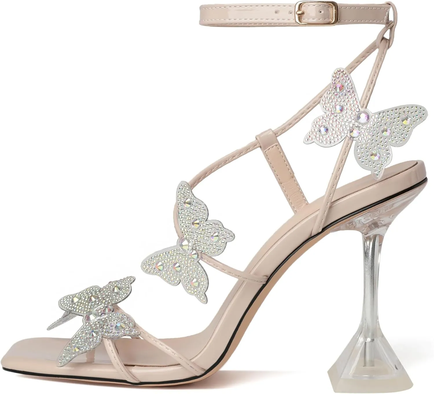 Joseywade Butterfly Heels Heeled Sandals Rhinestone Crystal Butterflies Heels Open Toe Clear Spool High Heels 4 Inch Women's Shoes