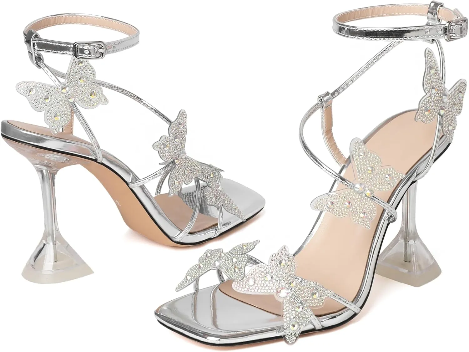 Joseywade Butterfly Heels Heeled Sandals Rhinestone Crystal Butterflies Heels Open Toe Clear Spool High Heels 4 Inch Women's Shoes