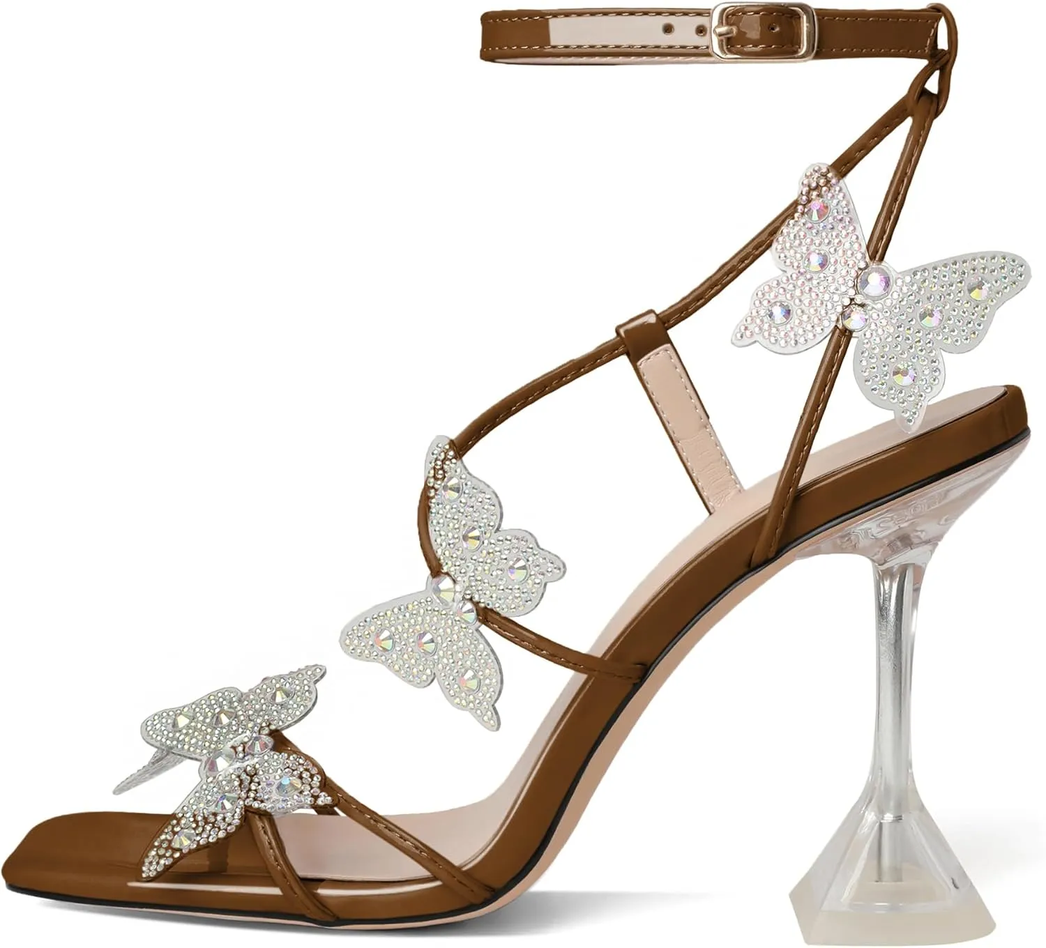 Joseywade Butterfly Heels Heeled Sandals Rhinestone Crystal Butterflies Heels Open Toe Clear Spool High Heels 4 Inch Women's Shoes