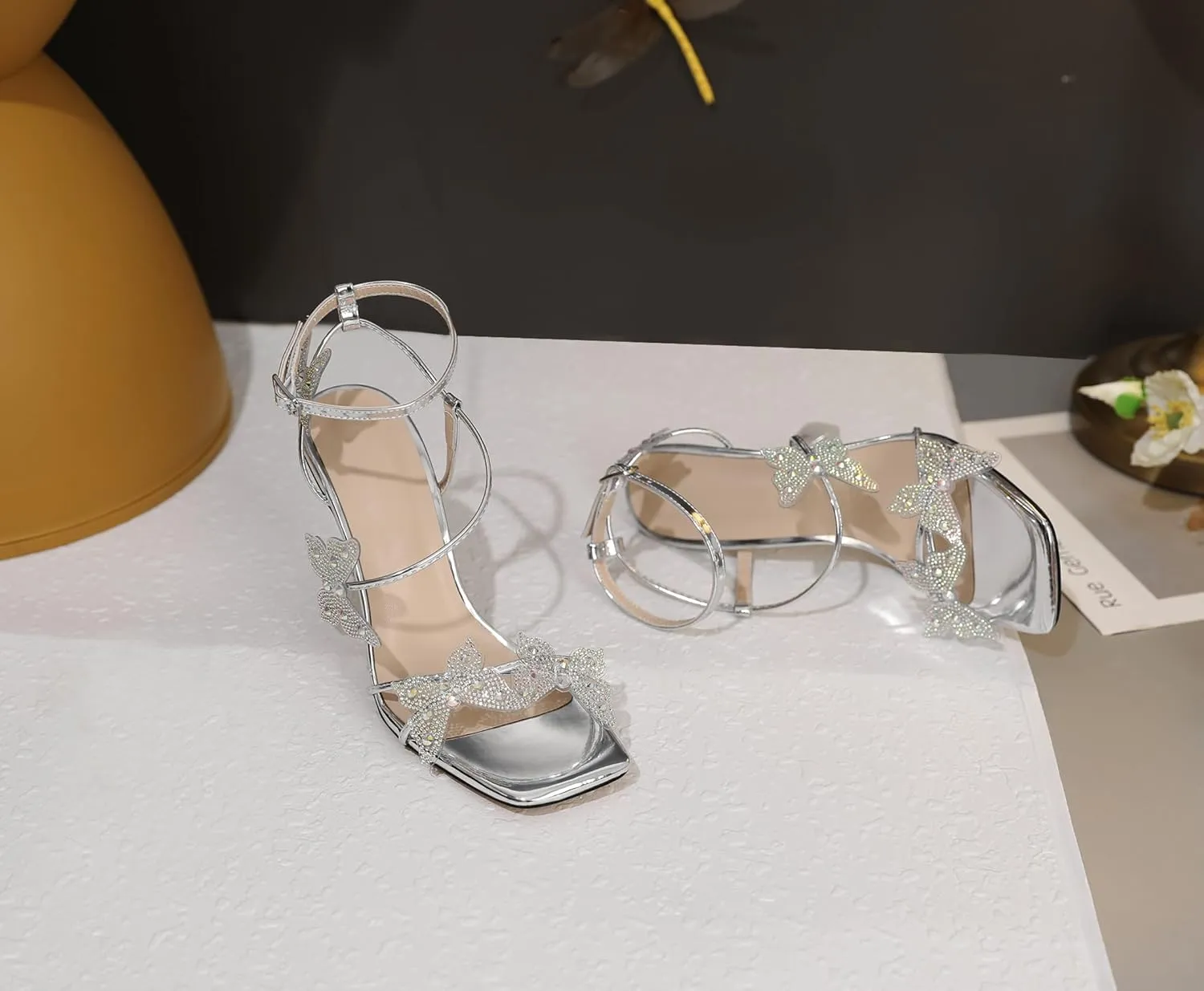 Joseywade Butterfly Heels Heeled Sandals Rhinestone Crystal Butterflies Heels Open Toe Clear Spool High Heels 4 Inch Women's Shoes