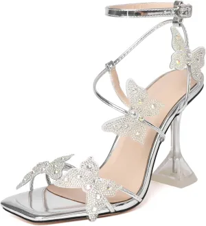 Joseywade Butterfly Heels Heeled Sandals Rhinestone Crystal Butterflies Heels Open Toe Clear Spool High Heels 4 Inch Women's Shoes